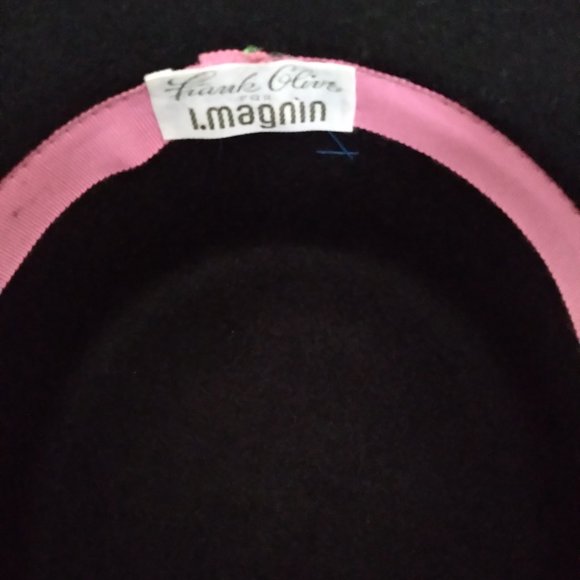 Vintage I.Magnin Black Wool Hat w/ Blue Ribbon Border - Picture 5 of 5